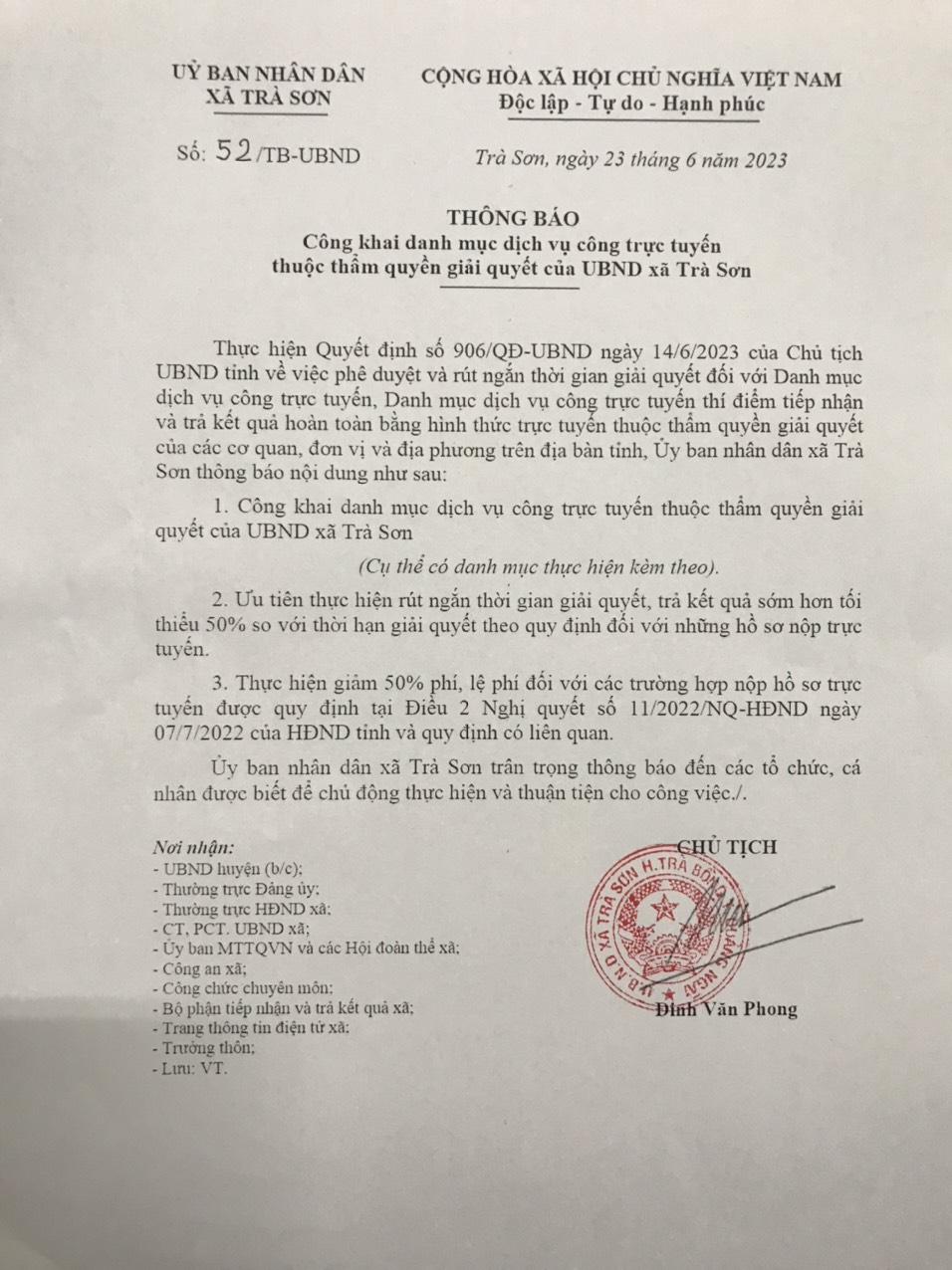 Công khai danh mục dịch vụ công trực tuyến thuộc thẩm quyền giải quyết của UBND xã Trà Sơn